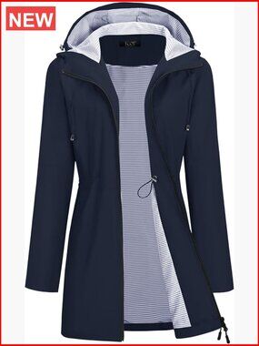 Waterproof Rain Jacket Hooded Long Trench Coat with Striped Lining